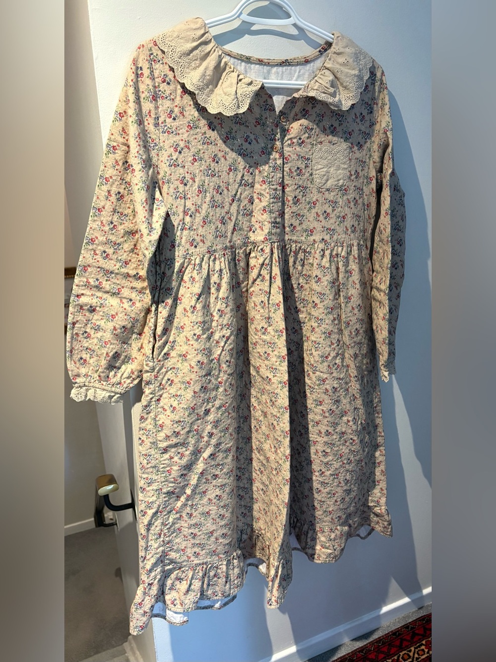Floral Button-Front Cottagecore Dress - Cream with Pink & Green Flowers